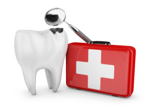 Model of a tooth next to a medicine bag