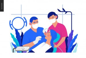 woman in dental chair with dentist illustration